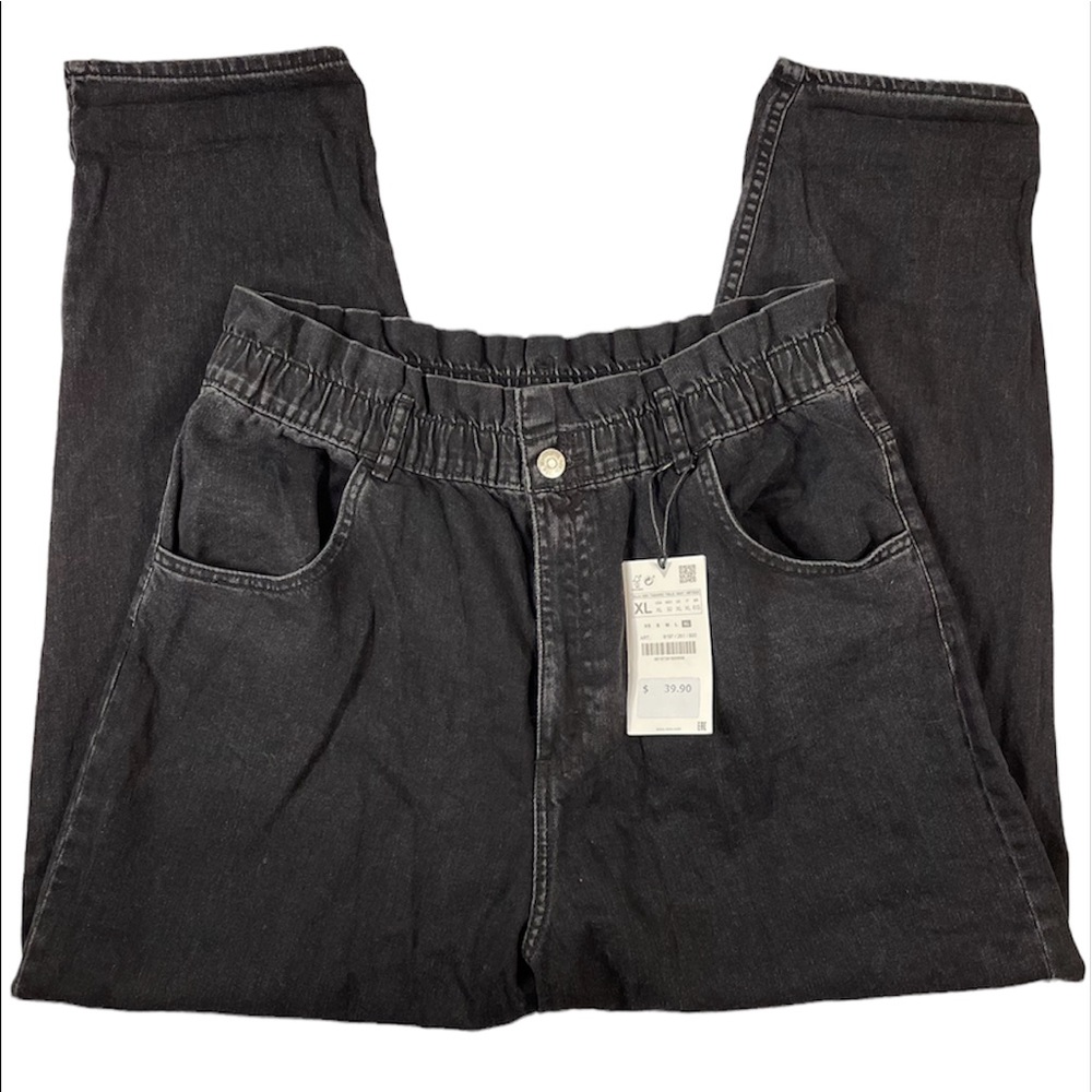 NWT Zara Black Elastic Paper Bag Waist Ultra High Rise 100% Cotton Jeans Size XL - Picture 5 of 16